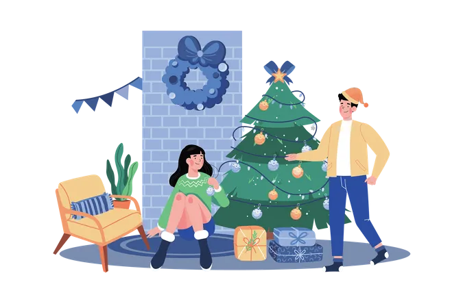 Un couple décore le sapin de Noël ensemble  Illustration