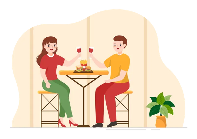 Couple Eating French Food  イラスト