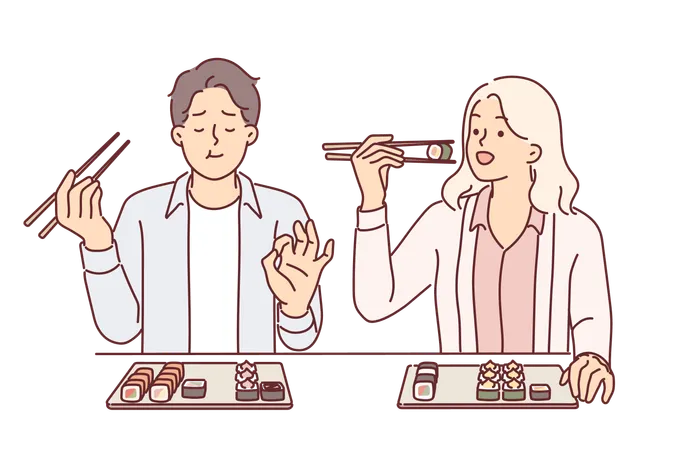 Couple eats sushi at japanese restaurant  Illustration