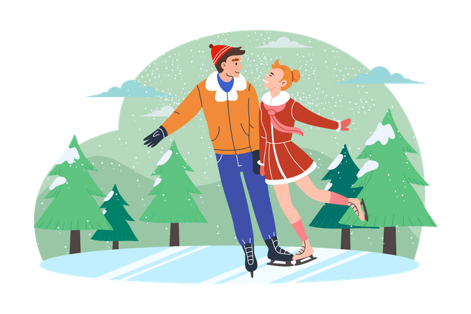 Couple Enjoying Dance During Ice Skating  Illustration