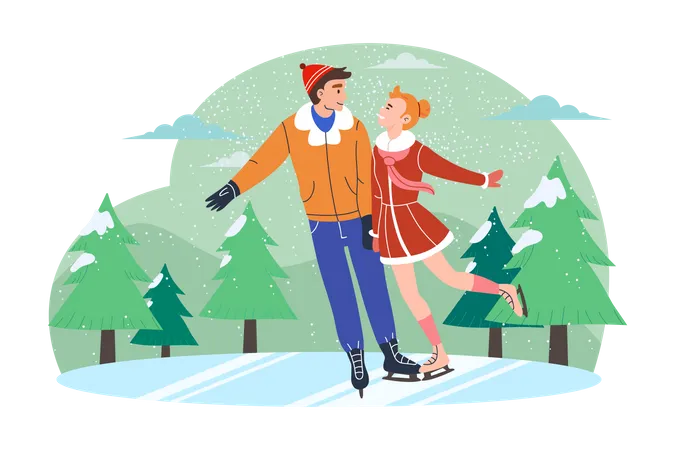 Couple Enjoying Dance During Ice Skating  Illustration