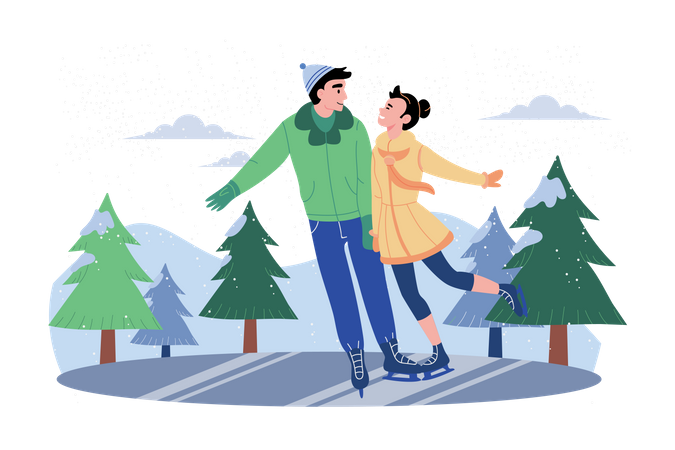 Couple Enjoying Dance During Ice Skating  Illustration