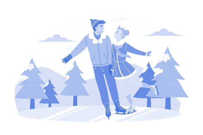 Couple Enjoying Dance During Ice Skating  Illustration