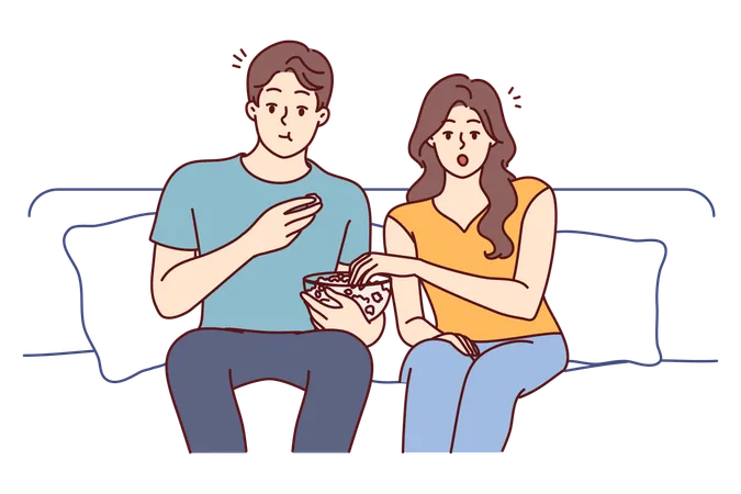 Couple enjoying movie and eating popcorn  Illustration