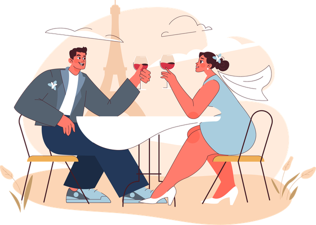 Couple enjoying wine at honeymoon  Illustration