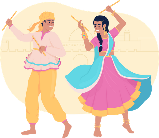 Couple effectuant une danse indienne avec des bâtons  Illustration