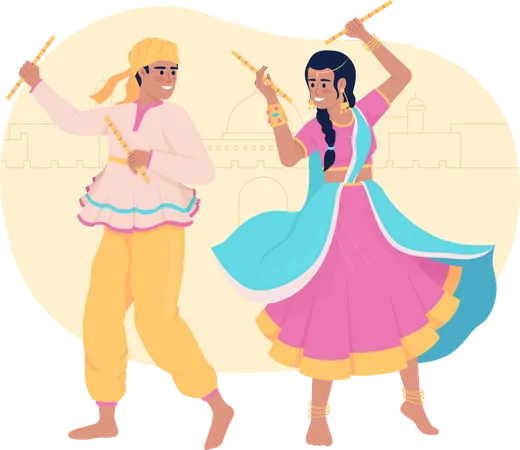 Couple effectuant une danse indienne avec des bâtons  Illustration