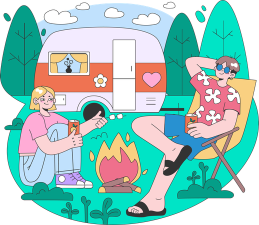 Couple frying marshmallow together  Illustration