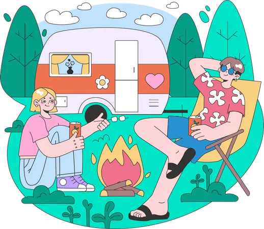 Couple frying marshmallow together  Illustration