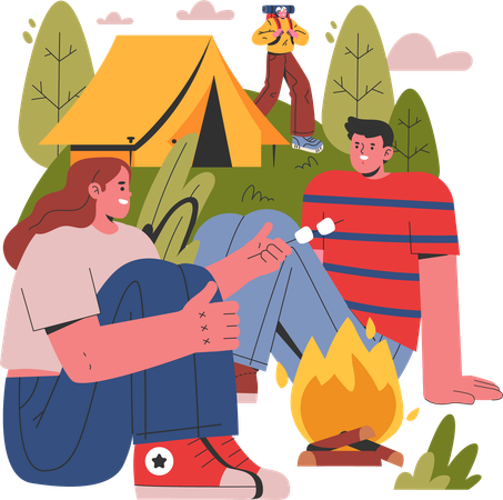 Couple frying marshmallow together on camping  Illustration