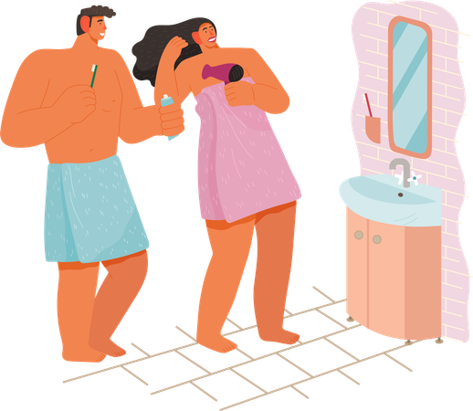 Couple getting ready together in bathroom  Illustration