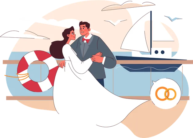 Couple giving romantic pose at ship  Illustration