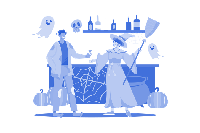 Couple Having Halloween Drink  Illustration