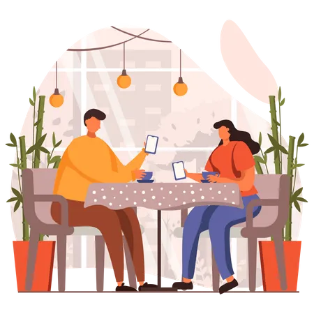 Couple having lunch with smartphone  Illustration