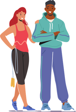 Heureux couple portant des vêtements de sport et des baskets se tiennent ensemble  Illustration