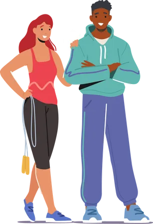 Heureux couple portant des vêtements de sport et des baskets se tiennent ensemble  Illustration