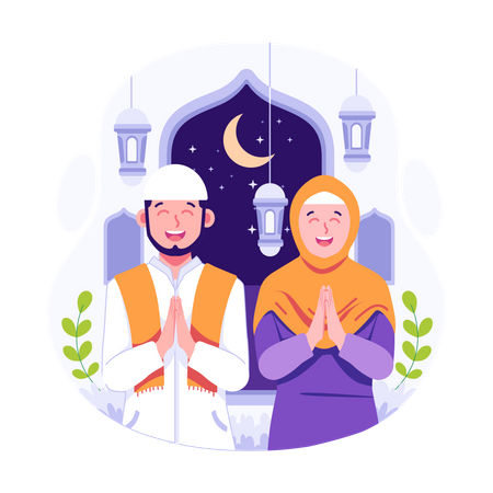 Heureux couple saluant l'Aïd ramadan al-fitr  Illustration