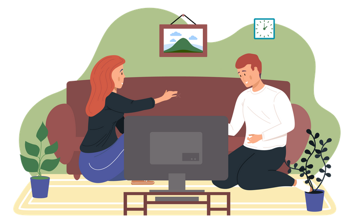 Couple is sitting at home and watching TV  Illustration