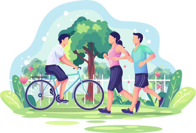 Couple jogging and cycling in the park  Illustration