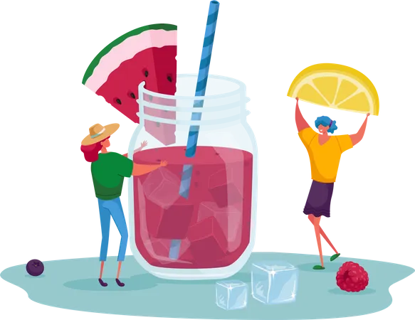 Couple making a glass of watermelon mocktail  Illustration