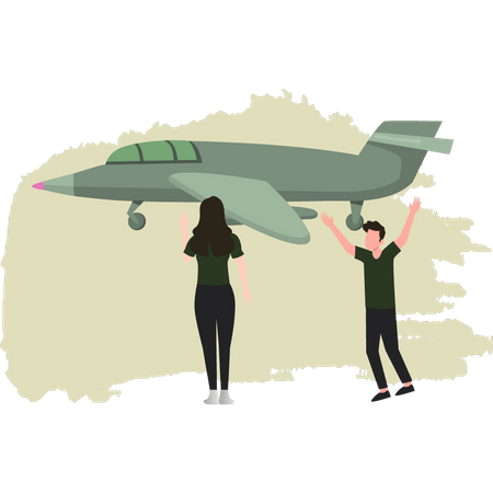 Couple militaire heureux de voir un avion militaire  Illustration