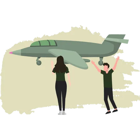 Couple militaire heureux de voir un avion militaire  Illustration