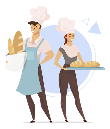 Couple of bakers preparing bread  Illustration