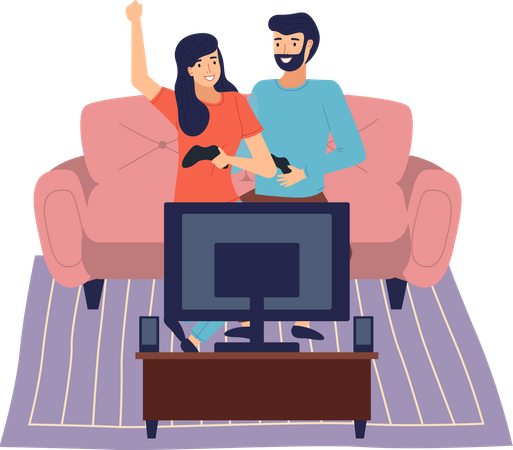 Couple playing video game at home  Illustration