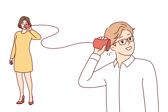 Couple playing with paper cup string phone  일러스트레이션