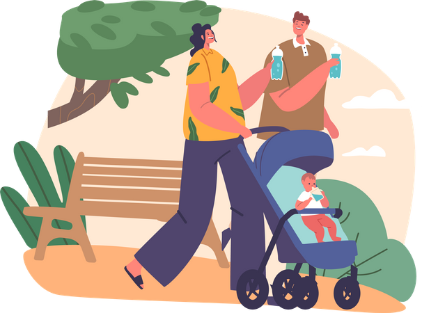 Couple Push Baby Stroller While Enjoying Refreshing Drink Of Water  Illustration