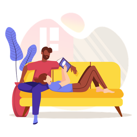 Couple reading book and sitting on couch  イラスト