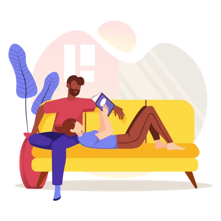 Couple reading book and sitting on couch  イラスト