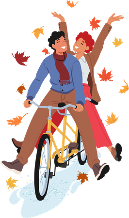 Couple rides bicycle in autumn  일러스트레이션