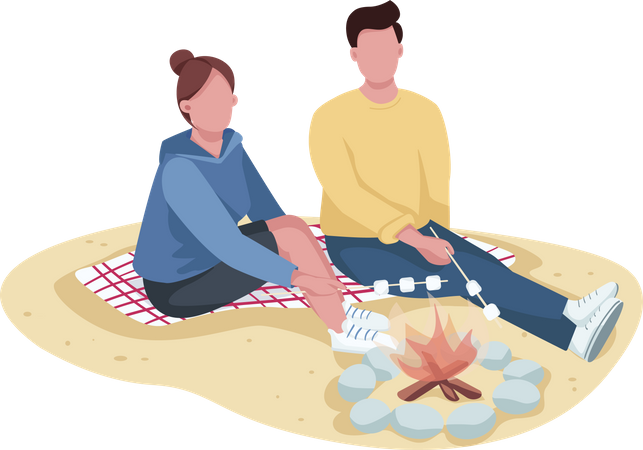 Couple roasting marshmallow on beach  Illustration