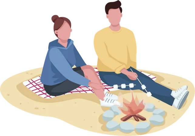 Couple roasting marshmallow on beach  Illustration