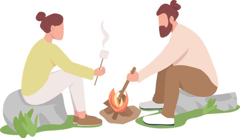 Couple roasting marshmallows on sticks  Illustration