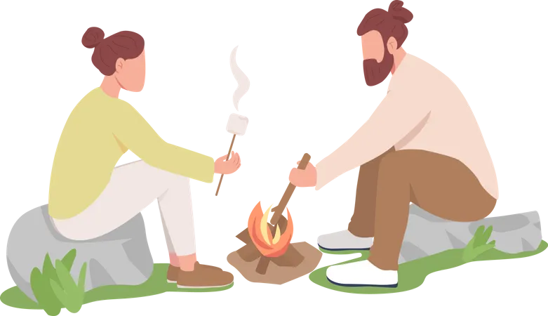 Couple roasting marshmallows on sticks  Illustration