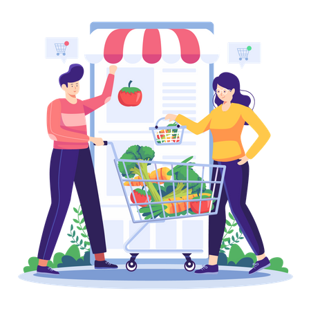 Couple shopping for vegetables from online app  Illustration