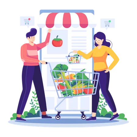 Couple shopping for vegetables from online app  Illustration