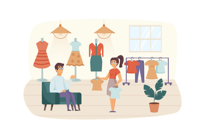 Couple shopping in clothing store  Illustration