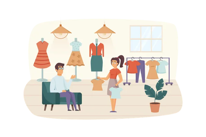 Couple shopping in clothing store  Illustration