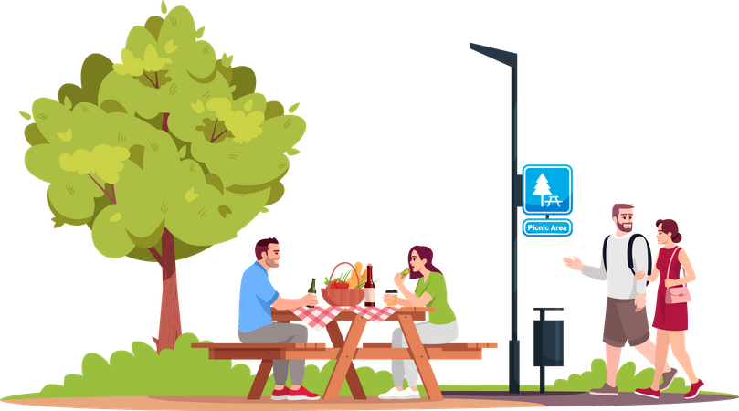 Couple sitting at a picnic table in park  Illustration