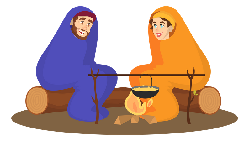 Couple sitting at the campfire  Illustration