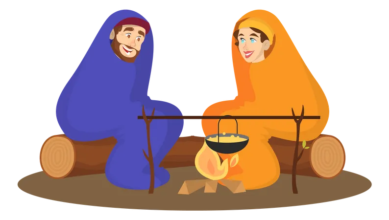 Couple sitting at the campfire  Illustration