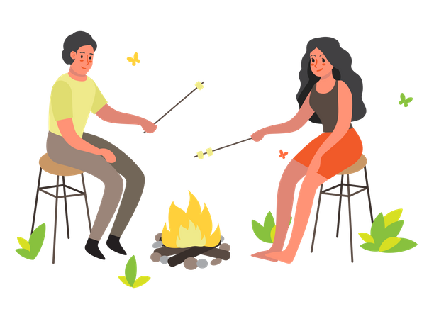 Couple sitting at the campfire  Illustration