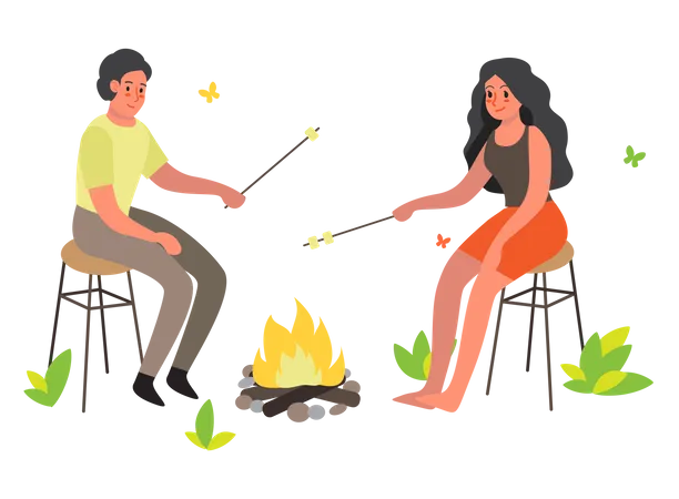 Couple sitting at the campfire  Illustration