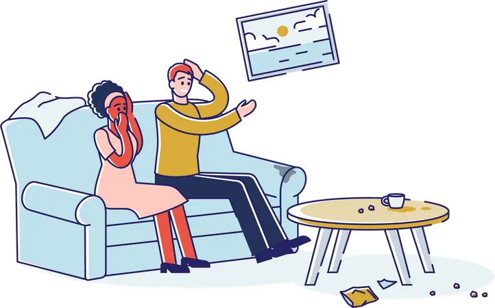 Couple sitting in a messy living room  Illustration