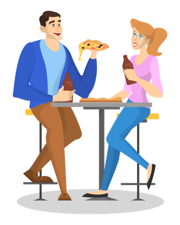 Couple sitting in the cafe while drink beer and eat pizza  イラスト