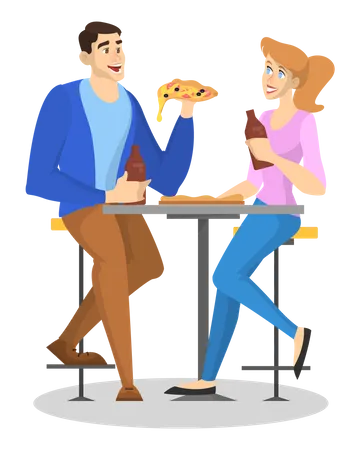 Couple sitting in the cafe while drink beer and eat pizza  イラスト