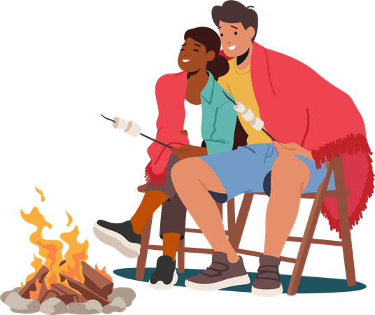 Couple sitting near campfire  Illustration